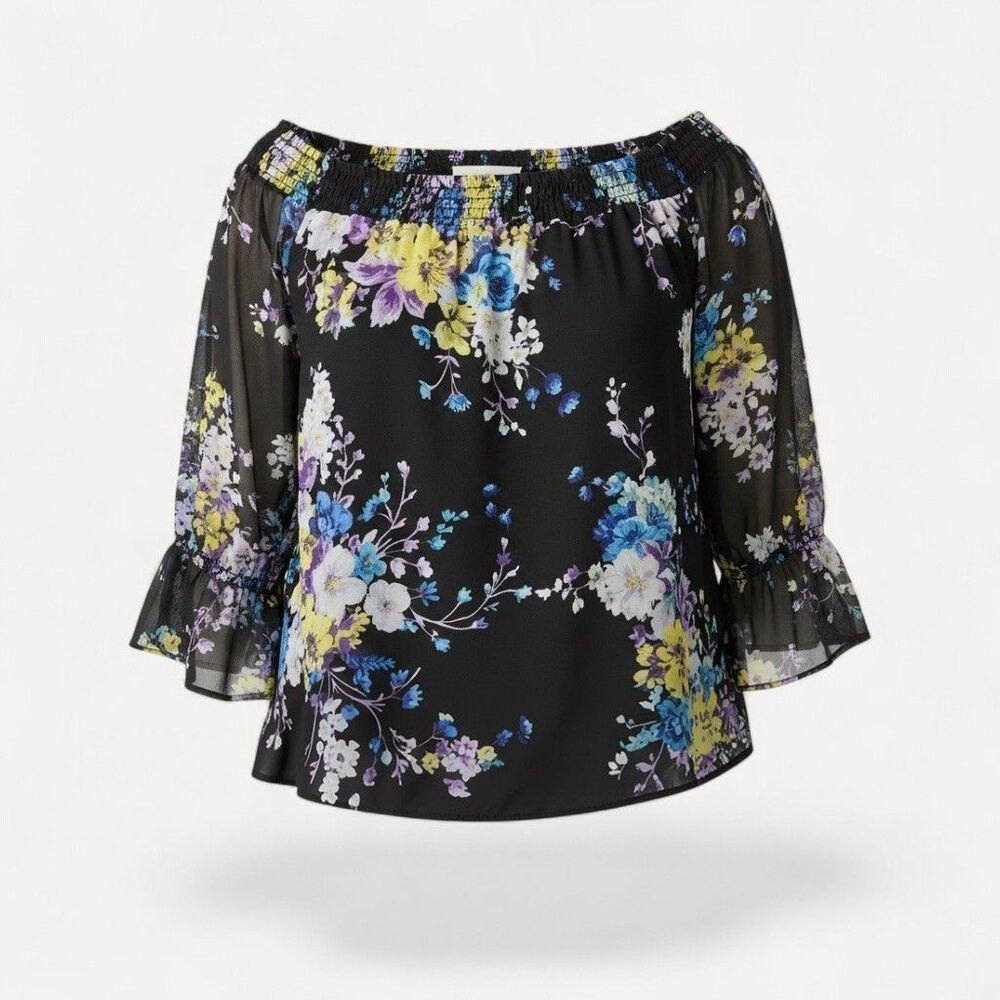 Torrid 4X Black Floral Chiffon Off Shoulder Smocked Boho Top Plus Size